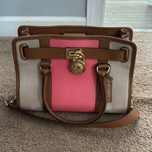 Michael Kors Pink and Tan Satchel with Gold-Tone Hardware